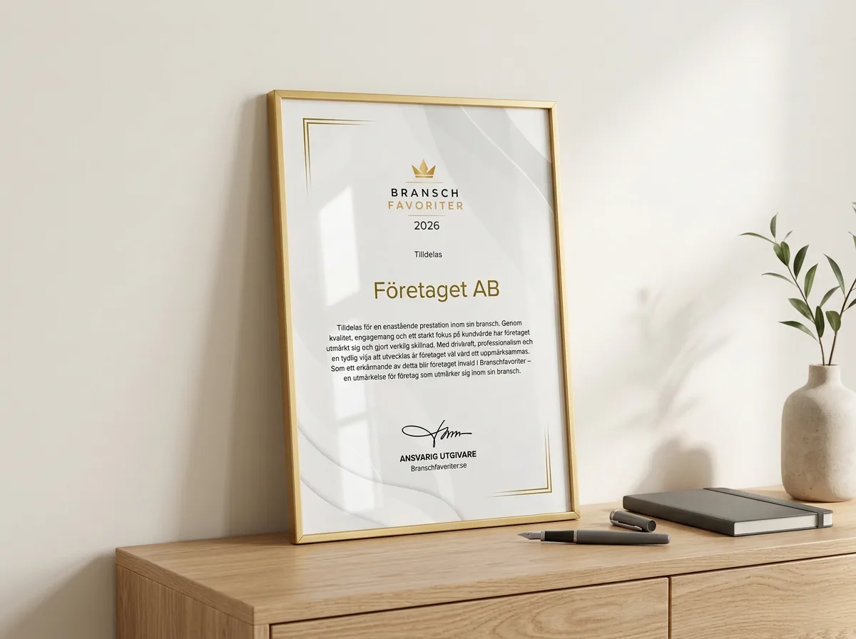 Inramat Branschfavorit-certifikat i guldram, upphängt i en ljus kontorsmiljö